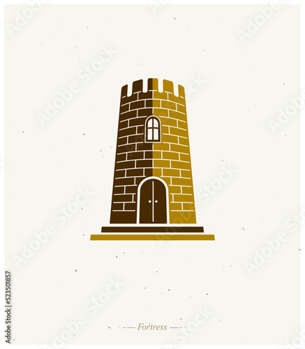 Medieval tower decorative isolated vector illustration. Retro style label, heraldry illustration. Ancient Citadel logotype on isolated white background.