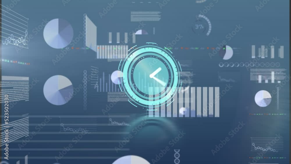 Animation of clock running on digital interface with infographic data, graphs, charts Animation of clock running on digital interface with infographic data, graphs, charts