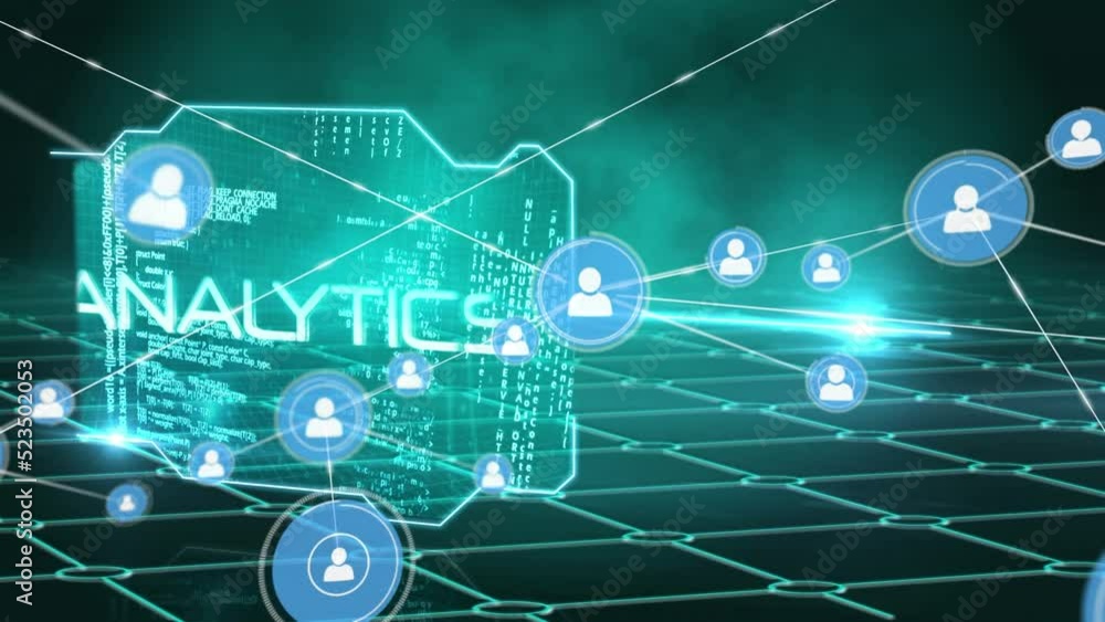 Animation of profile icons connecting dots, data processing on digital interface with grids Animation of profile icons connecting dots, data processing on digital interface with grids