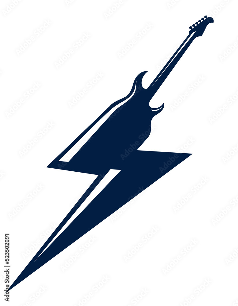 Electric guitar in a shape of lightning, hot rock music, Hard Rock or Rock and Roll concert or festival label, night club live show band performance, vector logo. Electric guitar in a shape of lightning, hot rock music, Hard Rock or Rock and Roll concert or festival label, night club live show band performance, vector logo.