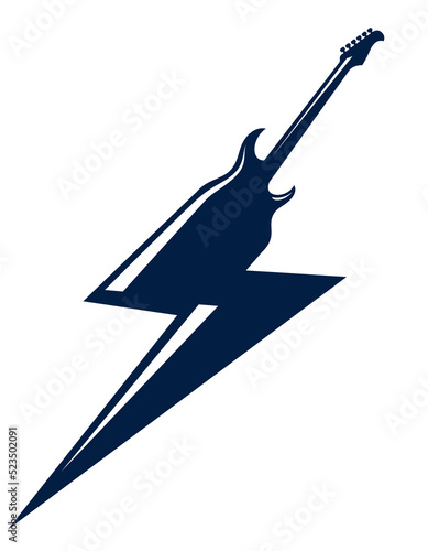 Electric guitar in a shape of lightning, hot rock music, Hard Rock or Rock and Roll concert or festival label, night club live show band performance, vector logo.