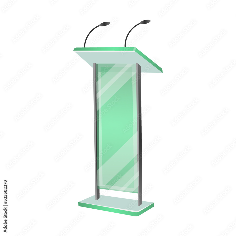 Glass and metal podiums vector illustration. Rostrums or tribunes with microphones for interviews or lectures in classroom isolated on white Glass and metal podiums vector illustration. Rostrums or tribunes with microphones for interviews or lectures in classroom isolated on white