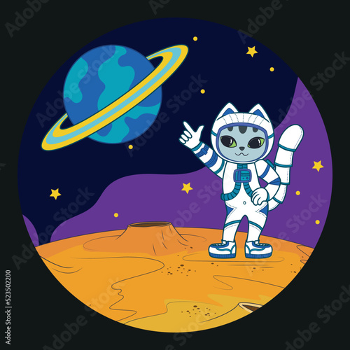 Little cute astronaut cat in a spacesuit on a new planet. Vector illustration in round frame for t-shirt  stickers and cards
