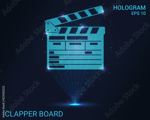A hologram of a clapper board. Holographic projection of a clapper board. A shimmering stream of particle energy. Scientific cinema design.