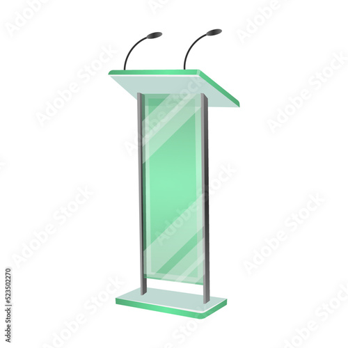 Glass and metal podiums vector illustration. Rostrums or tribunes with microphones for interviews or lectures in classroom isolated on white