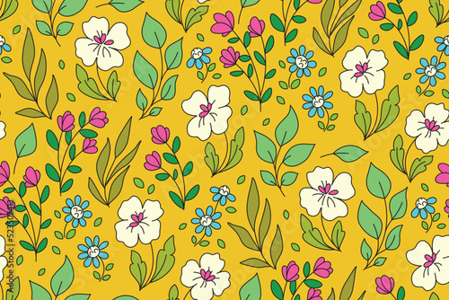 Seamless floral pattern with retro style meadow. Summer ditsy print, colorful botanical background with hand drawn wild plants, small outline flowers, leaves on yellow field. Vector illustration.