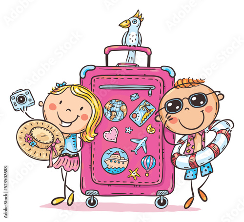 Illustration of happy kids traveling with suitcase in summer. Vacations and seaside clipart