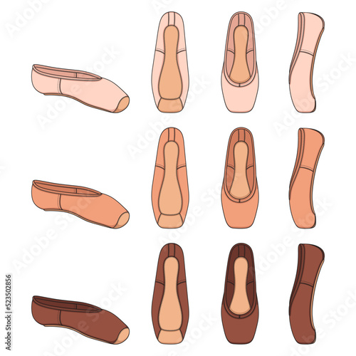 Set of color illustrations with pointe shoes, ballet shoes. Isolated vector objects on a white background.