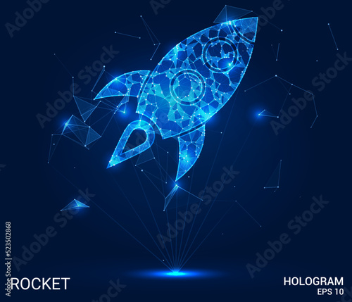 The hologram is a rocket. A spaceship made of polygons, triangles of points and lines. Journey to the stars low poly compound structure. Technology concept.