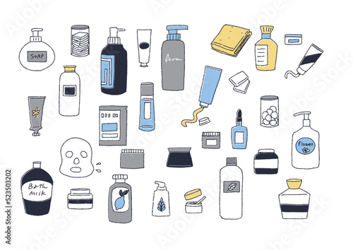 洗面用品の手書きイラストセット　ボトルやクリーム、美容用品
