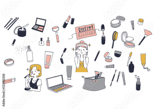 メイク用品の手書きイラストセット　ブラシや化粧品、小物類など
