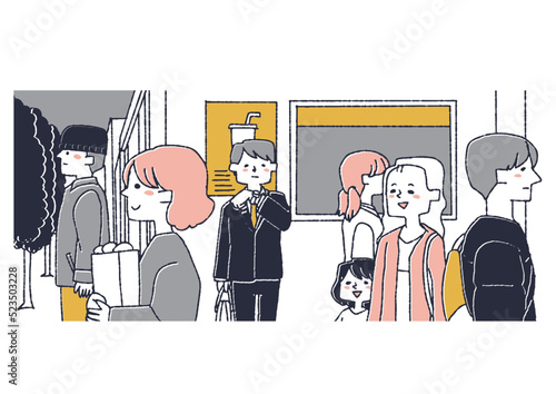 街を行く人々のイラスト　コミカルな手書きの人物　ベクター、温かみのある線画