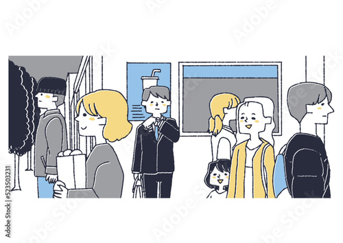 街を行く人々のイラスト　コミカルな手書きの人物　ベクター、温かみのある線画