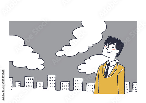 空を見上げているビジネスマン　開放感や向上心を表す温かみのある線画イラスト
