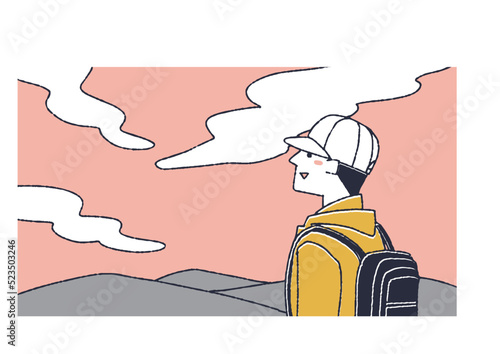 空を見上げている若者　開放感や向上心を表す温かみのある線画イラスト