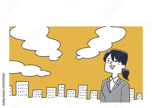 空を見上げているOL　開放感や向上心を表す温かみのある線画イラスト