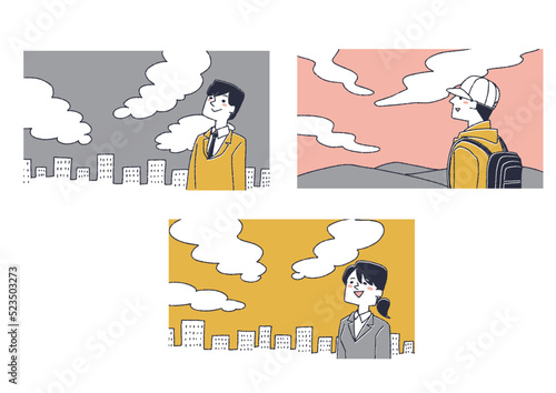 空を見上げている人物のセット　開放感や向上心を表す温かみのある線画イラスト