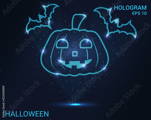 A Halloween hologram. Holographic projection of pumpkin and bats. A shimmering stream of particle energy. Scientific Halloween design