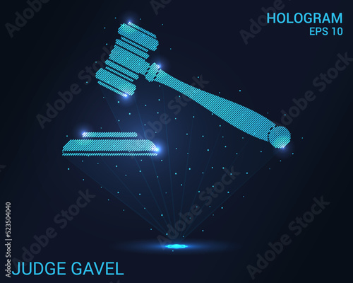 A hologram of a judge gavel. Holographic projection of the judge hammer. A shimmering stream of particle energy. Scientific design court.