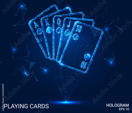 Hologram playing cards. A royal flush of polygons, triangles of points and lines. Poker is a low-poly compound structure. Technology concept.