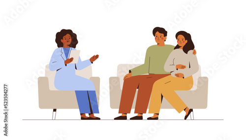 Pregnant woman and her husband visit gynecologist in the medical office. Female doctor talks with couple expecting a baby. Family Consultation and check up during pregnancy concept.Vector illustration