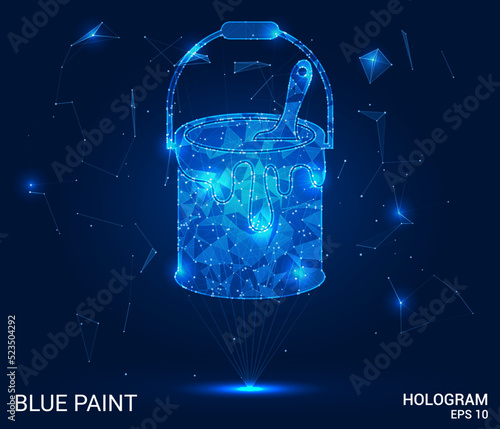 The hologram is blue paint. A can of paint with a brush made of polygons, triangles of dots and lines. Can of blue paint low-poly compound structure. Technology concept.