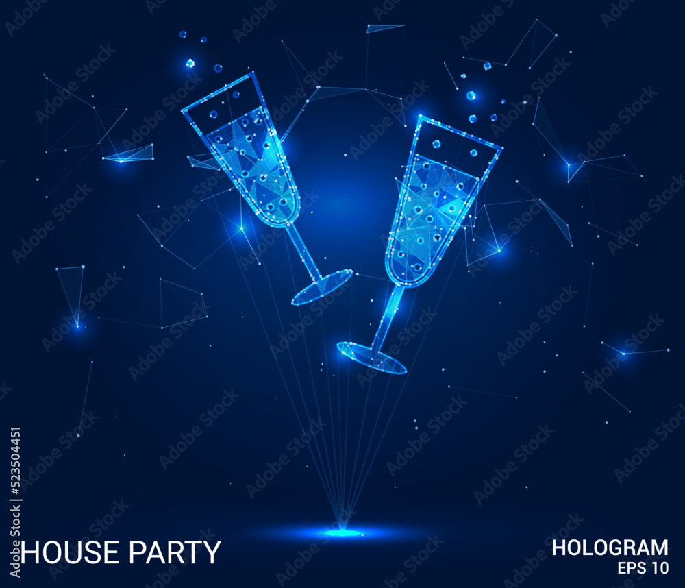 A hologram of a house party. Champagne glasses made of polygons, triangles of dots and lines. Champagne glasses are low-poly compound structure. Technology concept vector.