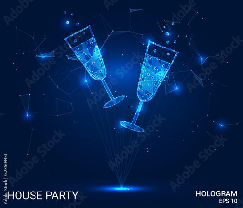 A hologram of a house party. Champagne glasses made of polygons, triangles of dots and lines. Champagne glasses are low-poly compound structure. Technology concept vector.