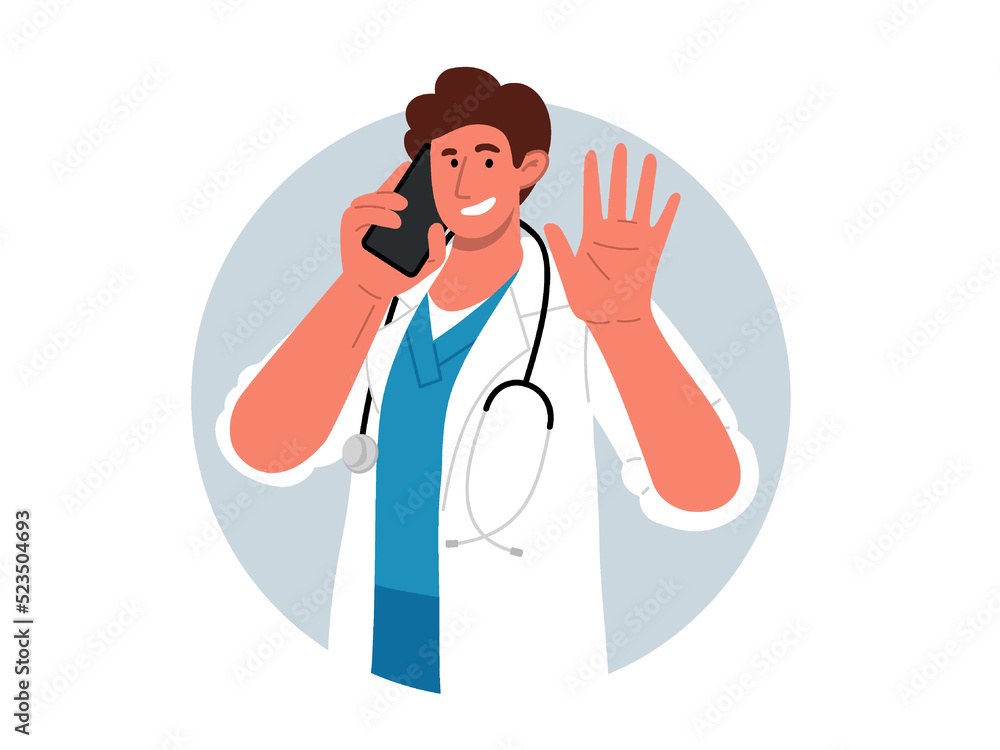 Smiling doctor with stethoscope waving with hand,holding mobile phone