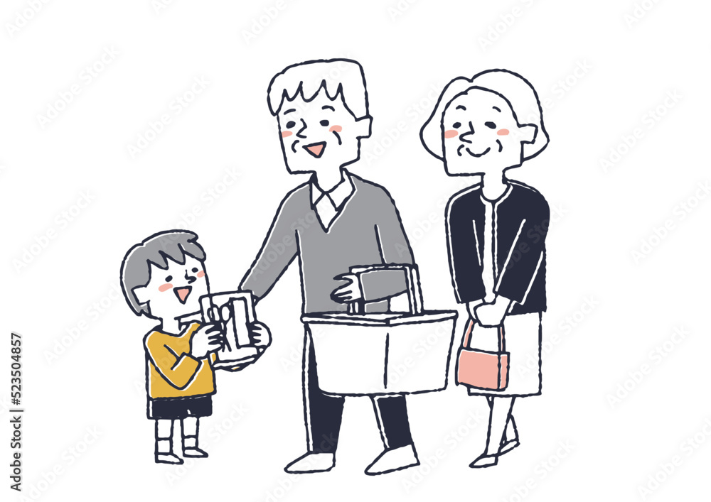 孫に文房具を買ってあげるおじいさんおばあさん　春に小学校に入学する子どもに関するイラスト