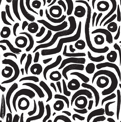 Abstract artistic seamless pattern background with black ink brush irregular stroke shapes. Black and white monochrome modern grunge textured print, wallpaper, textile
