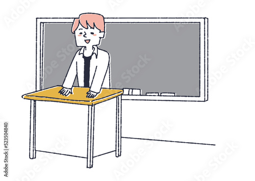 教壇で挨拶をする男性教師　春に小学校に入学する子どもに関するイラスト