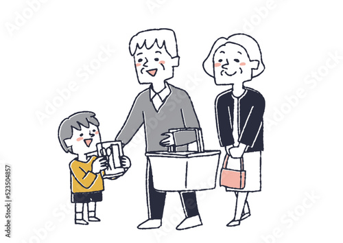 孫に文房具を買ってあげるおじいさんおばあさん　春に小学校に入学する子どもに関するイラスト