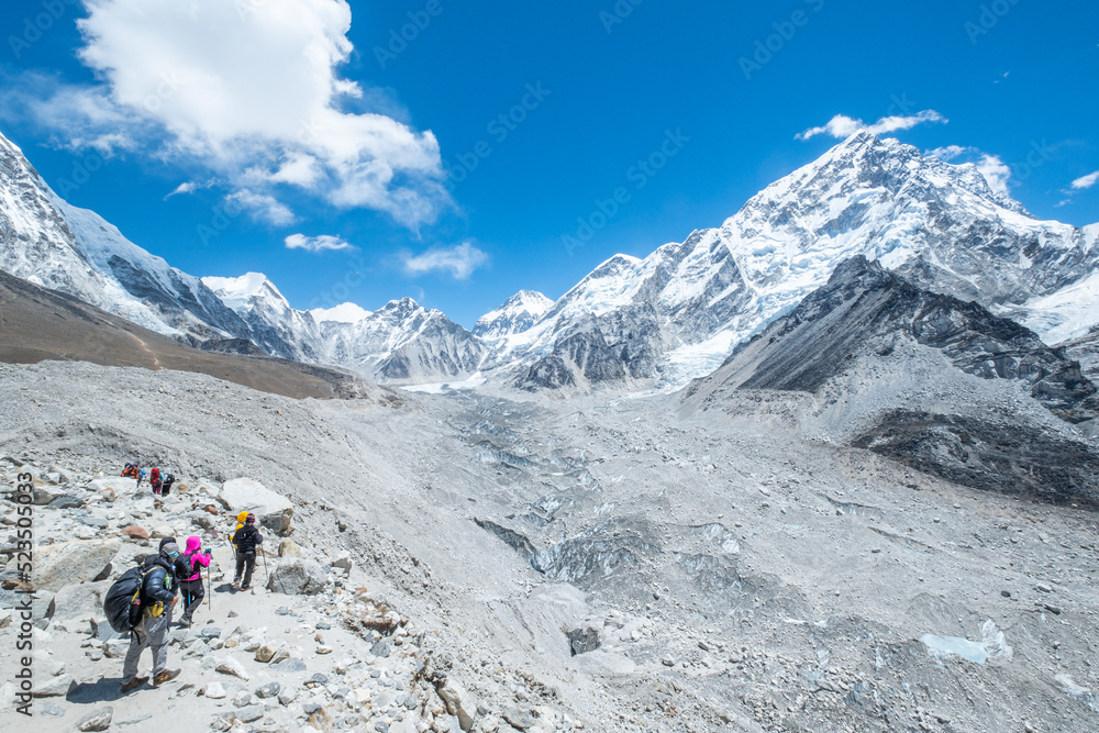 Tourist and porters walking on dirt road in Nepal to Everest Base Camp with a group of yak. Khumbu Glacier, way to Mt Everest base camp, Khumbu valley, Sagarmatha national park, Nepal