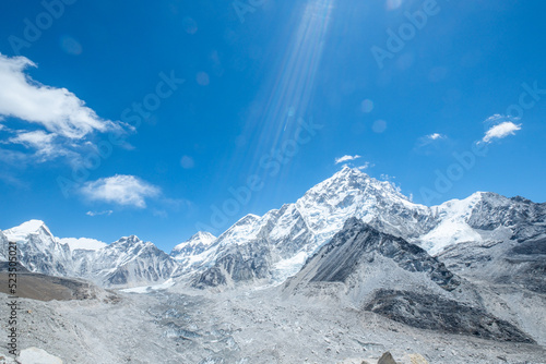 view from Kala Patthar of himalayas mountains with beautiful clouds on sky and Khumbu Glacier, way to Mt Everest base camp, Khumbu valley, Sagarmatha national park, Nepal