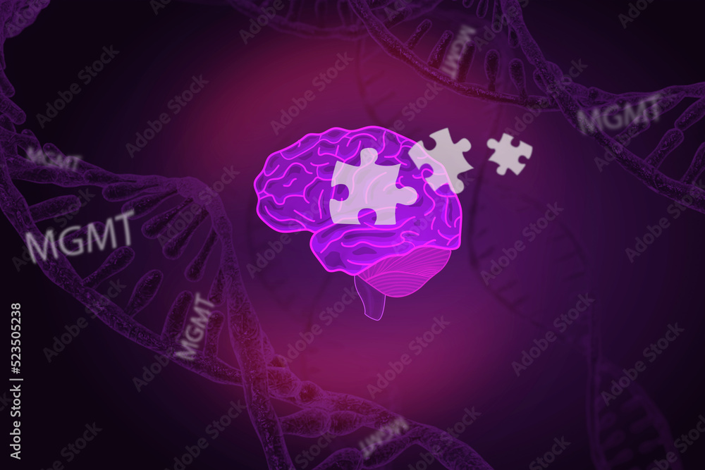 Vector purple illustration of a neon brain with puzzles on the theme of National Alzheimer's Awareness Month, genetic inheritance, on the background of DNA with the gene MGMT, Vector purple illustration of a neon brain with puzzles on the theme of National Alzheimer's Awareness Month, genetic inheritance, on the background of DNA with the gene MGMT,