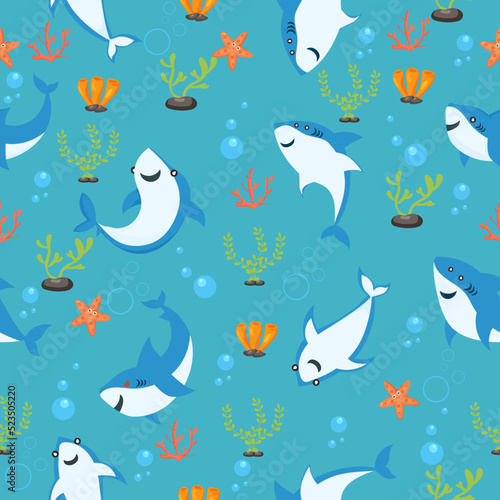 Cute blue shark seamless pattern vector illustration .