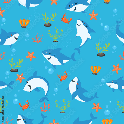 Cute blue shark  seamless pattern vector illustration .