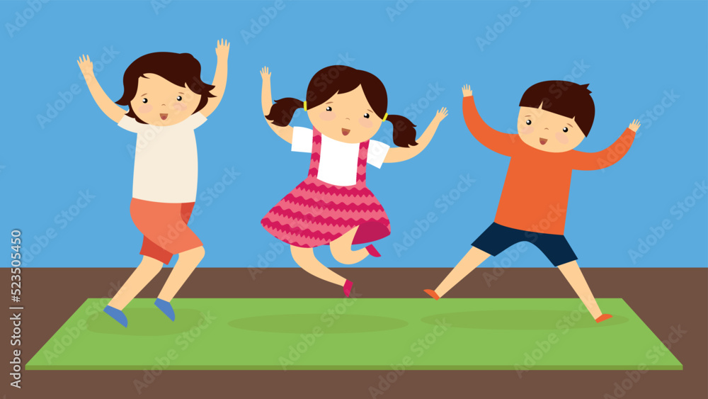 Three children bouncing on the rug