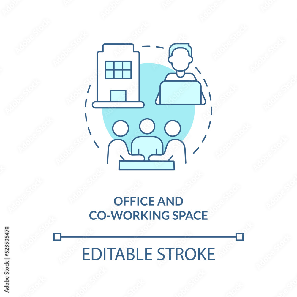 Office and co-working space turquoise concept icon. Startup program abstract idea thin line illustration. Collaboration. Isolated outline drawing. Editable stroke. Arial, Myriad Pro-Bold fonts used