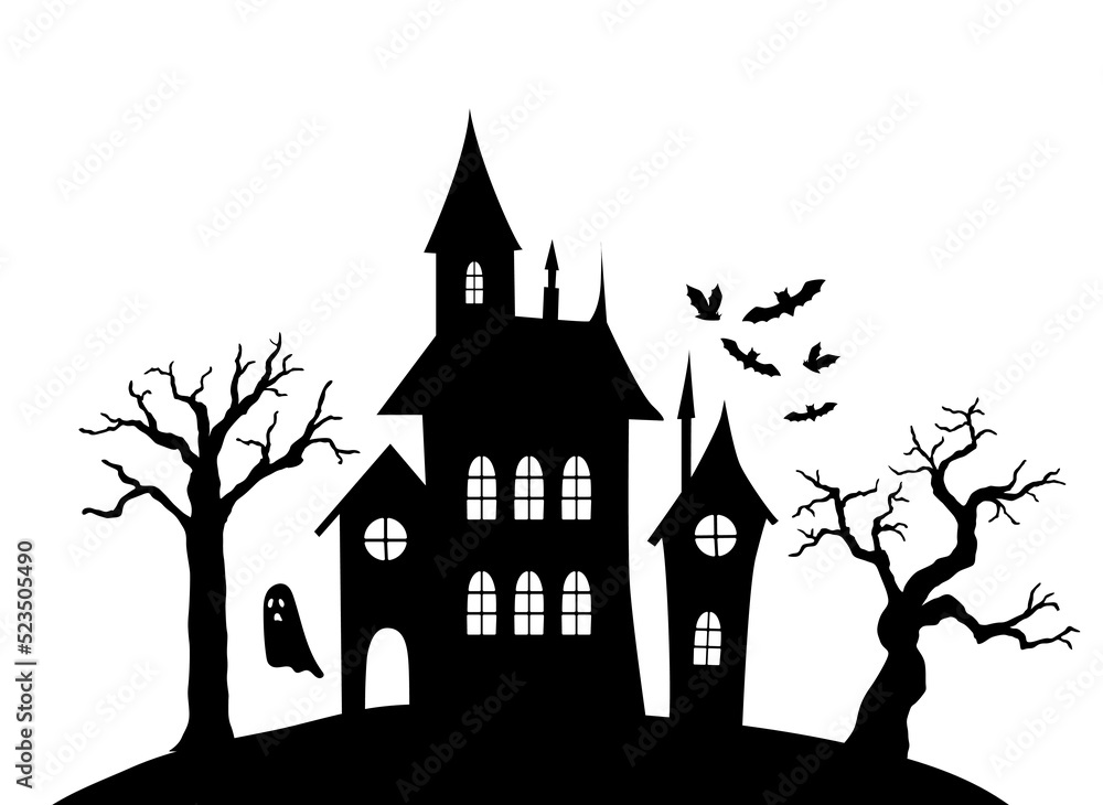 Halloween silhouette houses winh bat and ghost on white background. Day of dead vector illustration