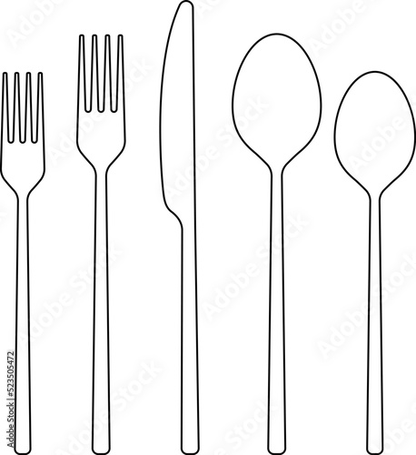 Fork, spoon, knife outline icon. Cutlery set. Modern silverware or tableware black silhouette. Vector illustration. 