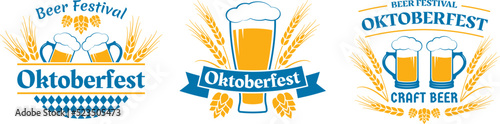 Oktoberfest label, logo or badge design. Beer emblem set. Bavaria brewery festival. October fest badges with beer mug, glass, wheat and malt. Vector illustration.
