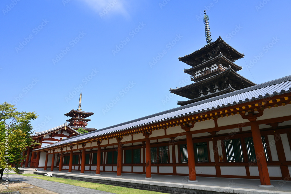 奈良市の世界遺産薬師寺の国宝東塔と西塔