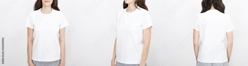 collage woman in white t-shirt front, side, back on white background, template, mockup, mock up for design, banner collage woman in white t-shirt front, side, back on white background, template, mockup, mock up for design, banner