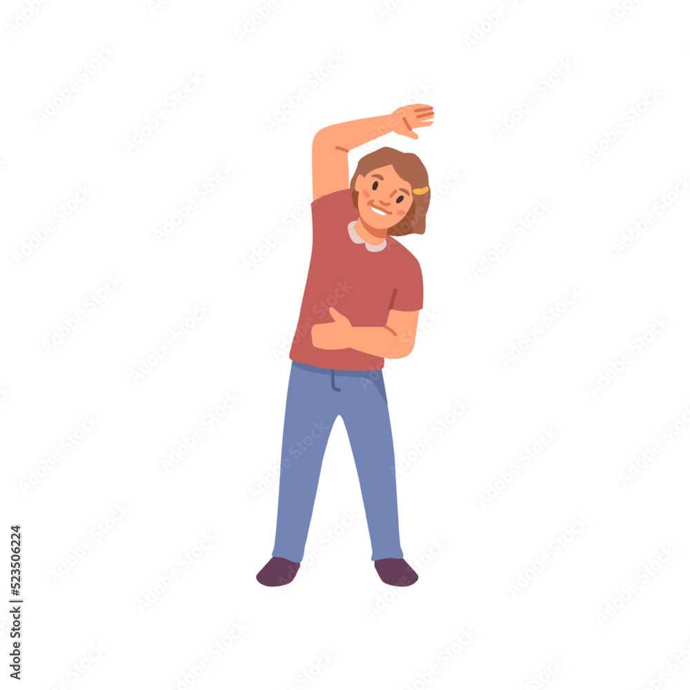Smiling little girl stretching hand isolated flat cartoon character. Vector positive beautiful girl doing fitness sport activities, caucasian young lady on sport Smiling little girl stretching hand isolated flat cartoon character. Vector positive beautiful girl doing fitness sport activities, caucasian young lady on sport