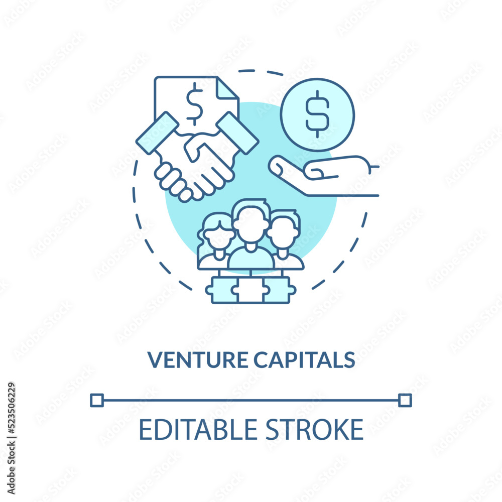 Obraz premium Venture capitals turquoise concept icon. New business sponsorship type abstract idea thin line illustration. Isolated outline drawing. Editable stroke. Arial, Myriad Pro-Bold fonts used