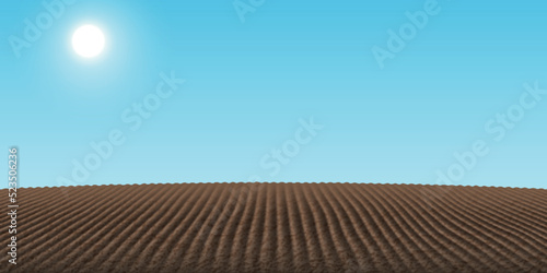 Arable land background with blue sky and sun, empty farmland with freshly ploughed fertile soil, plowed field for agricultural plants cultivation, clear cropland vector illustration