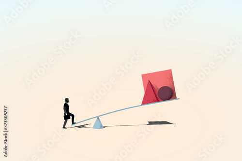 Asymmetric approach in business, a metaphorical vector illustration, effective asymmetric strategy, advantage in business, a businessman counterintuitively easily lifts large weight with a lever photo