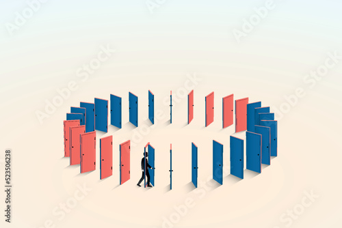 Businessman goes around in circles through endless doorway, metaphor of unsolvable problems, bureaucratic obstacles, perpetual search, abstract depiction of issues with business a vector illustration